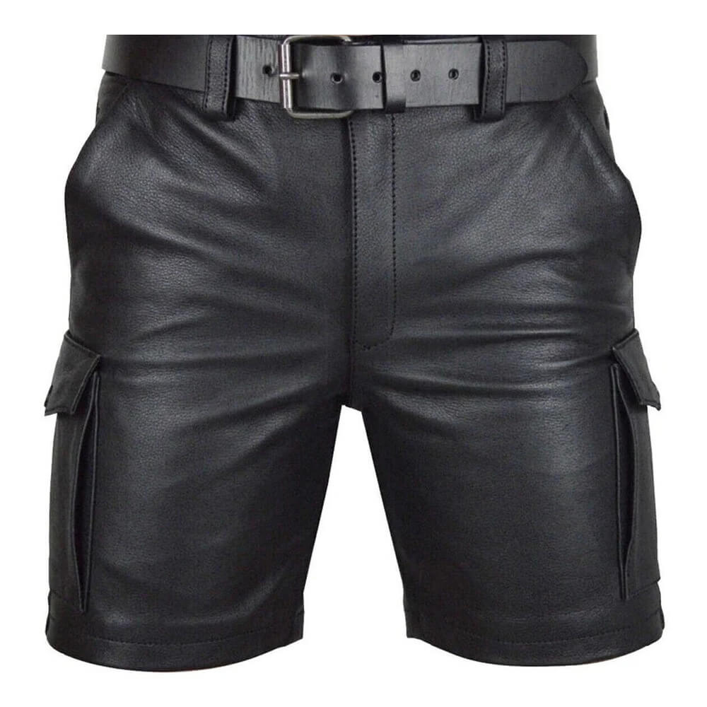 Men Designer Real Sheepskin Black Leather Shorts Cargo main image 1